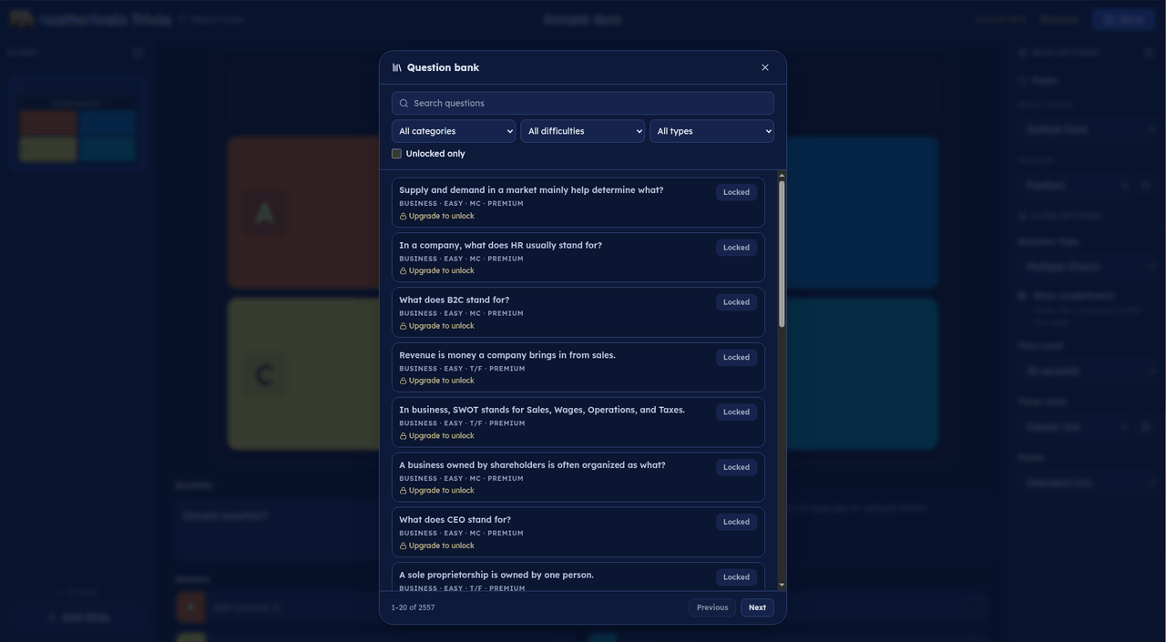 The ScatterBrain Trivia quiz editor with the "From bank" question picker open.
