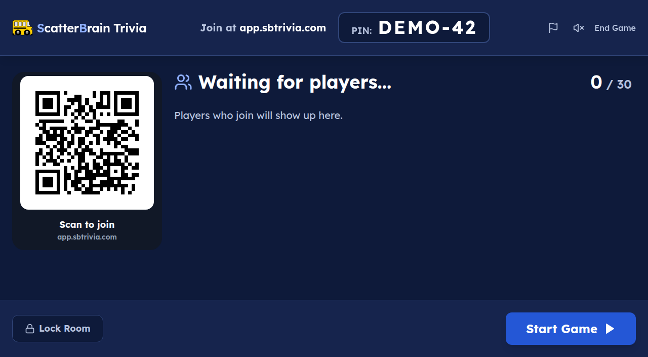 The big-screen lobby showing the game PIN, a QR code to join, and the players who are in.