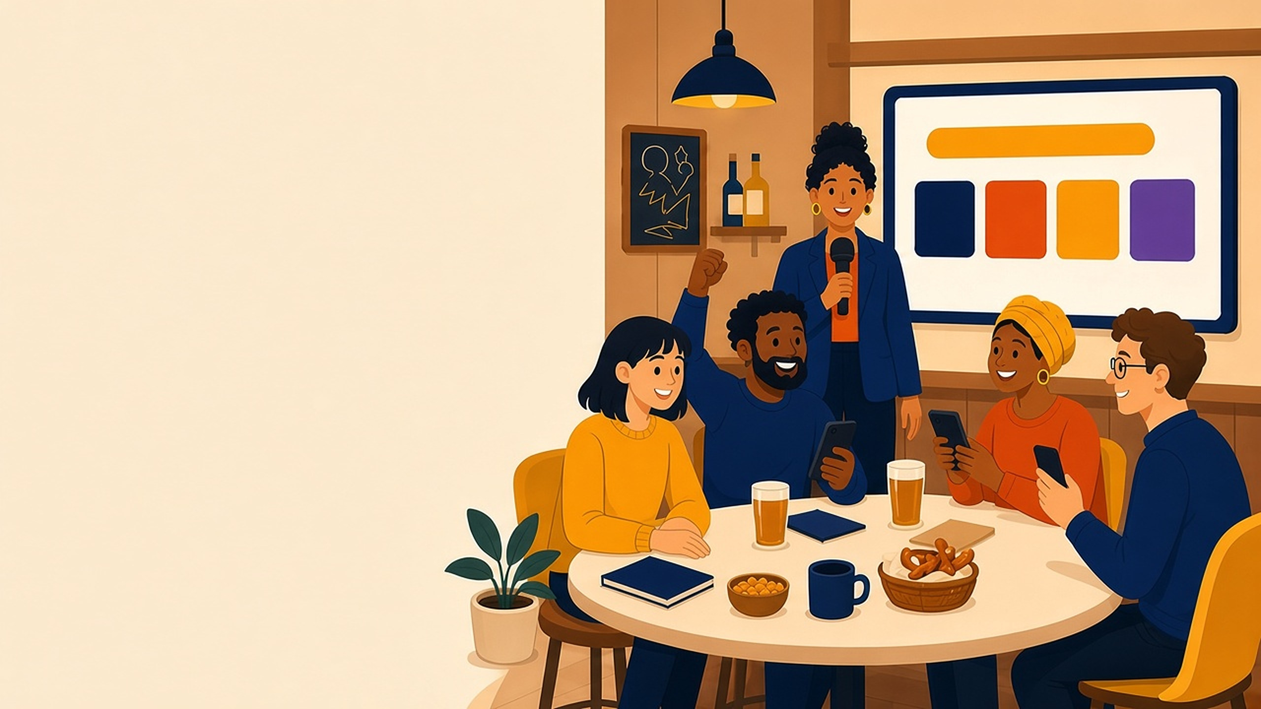 Illustration of a host with a microphone pointing to a big screen of colored answer tiles while friends at a round pub table play along on their phones over pints and snacks.