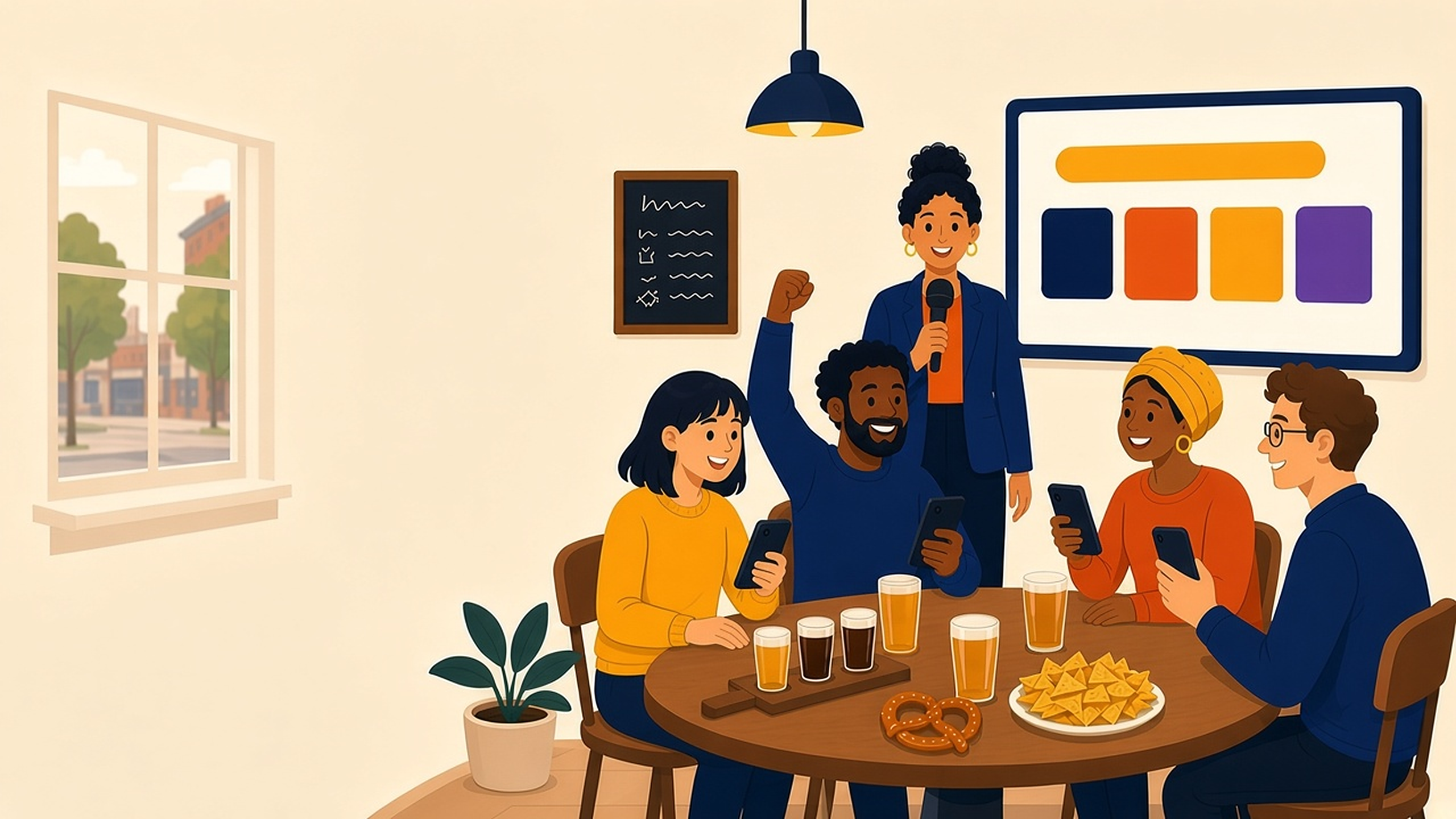 Illustration of a daytime brewpub where a host with a microphone stands by a screen of colored answer tiles as friends at a wooden table play on their phones over a beer flight, pretzel, and nachos.