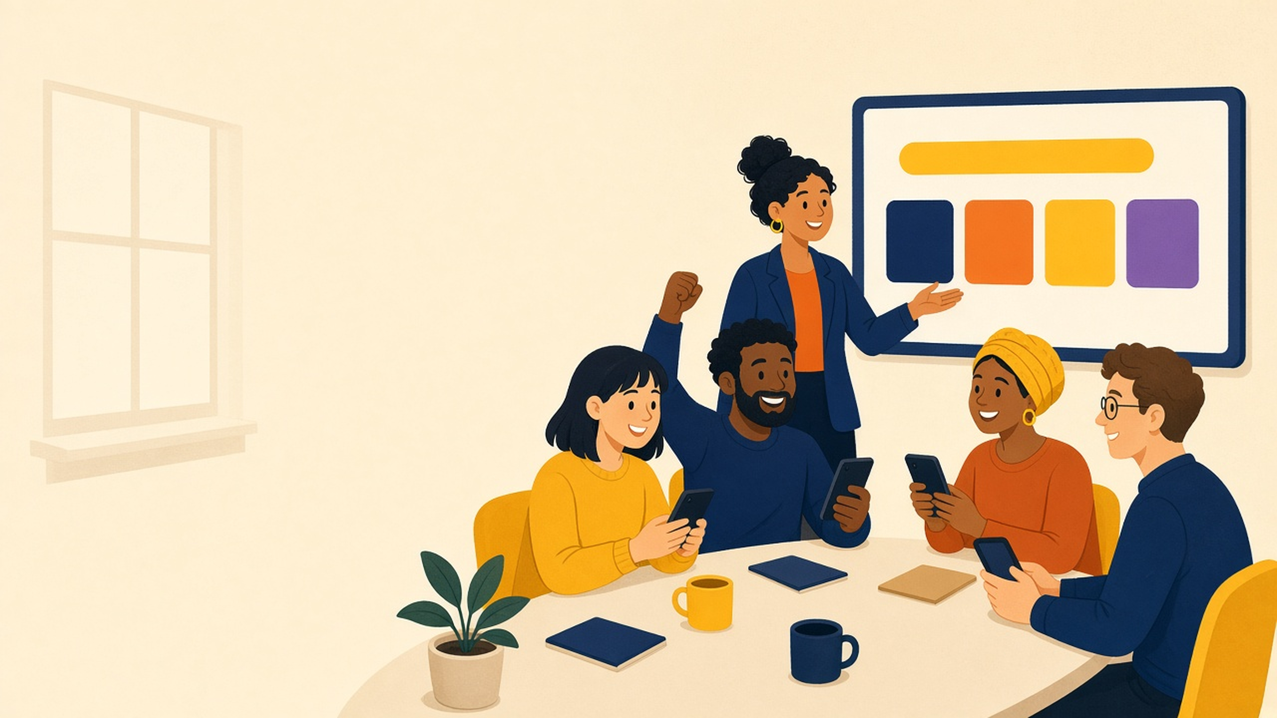 Illustration of a host pointing to a big screen of colored answer tiles while coworkers around a table play along on their phones.