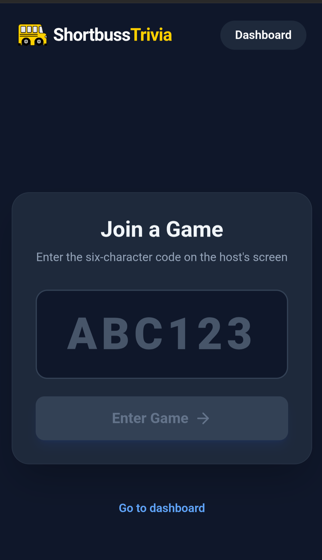 Join a Game screen with six-character code field and Enter Game button