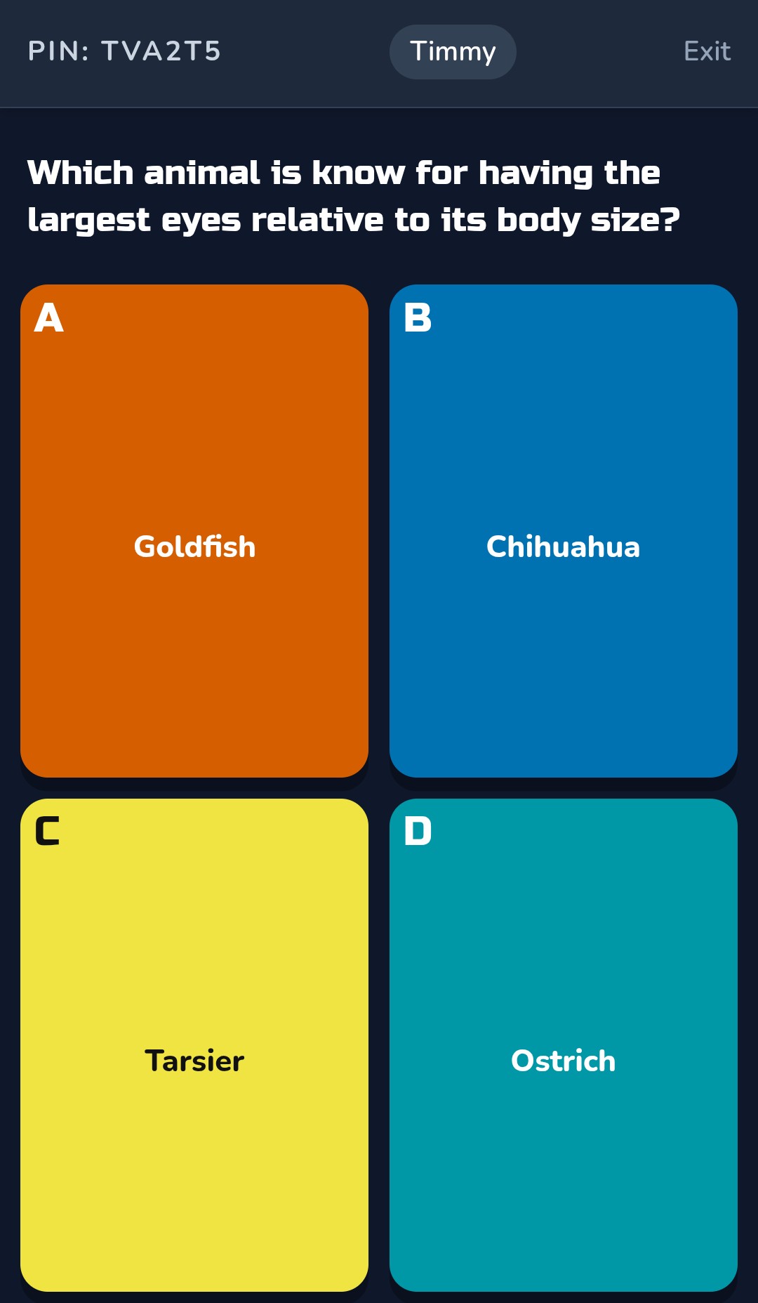 Player question screen with four candy-colored answers